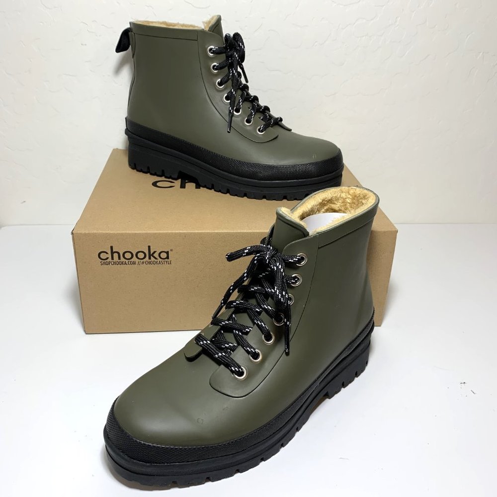 Chooka Redmond Hiker Boots Lace Up Faux Fur Lined Booties Olive Green Size 8 NEW